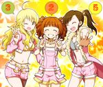  belly_chain belt blonde_hair brown_hair futami_mami green_eyes grin hoshii_miki idolmaster idolmaster_(classic) jewelry kidachi long_hair midriff multiple_girls necklace one_eye_closed overalls pantyhose pink_diamond_765 side_ponytail smile takatsuki_yayoi twintails 