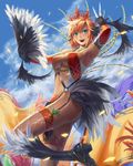  arm_up armpits black_legwear blue_eyes blush boots breasts cleavage cloud cuboon day elbow_gloves fan feathers fishnets gloves hat knife medium_breasts orange_hair sengoku_taisen sky smile solo thighhighs throwing_knife weapon 