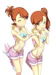  bracelet brown_eyes brown_hair closed_eyes flipped_hair futami_ami futami_mami grin highres idolmaster idolmaster_(classic) idolmaster_2 jewelry kani_get long_hair midriff multiple_girls navel shorts siblings side_ponytail smile suspenders 