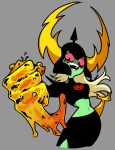  2017 alien armor breasts discommunicator eyeshadow female fist freckles green_skin grin hair helmet horn humanoid lava looking_at_viewer lord_dominator makeup midriff navel not_furry open_mouth pink_sclera pose shoulder_pads simple_background smile solo standing wander_over_yonder white_hair 