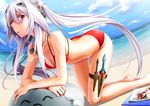  beach bikini blush book breasts cleavage cloud collarbone dagger day dog_tags hair_ornament long_hair maruyama_kurehiro original outdoors red_eyes sky small_breasts solo swimsuit twintails very_long_hair weapon 
