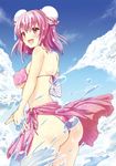  adapted_costume ass back bandages bare_shoulders bikini breasts bun_cover cloud covered_nipples day double_bun gin'ichi_(akacia) ibaraki_kasen large_breasts looking_back open_mouth pink_hair pink_sarong print_sarong sarong short_hair sky smile solo splashing swimsuit touhou water 