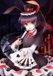  animal_ears bad_id bad_pixiv_id baton black_eyes black_hair bow bunny_ears card dress frills hat heterochromia highres long_hair microphone mtyy open_mouth original playing_card ponytail red_eyes solo 