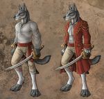  anthro canine luther male mammal marine melee_weapon model_sheet pose rukis scabbard shealth solo wolf 
