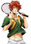  ball blue_eyes male_focus navel orange_hair racket sengoku_kiyosumi smile solo tennis_ball tennis_no_ouji-sama tennis_racket v yamada_3 