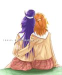  ana_tea blonde_hair chinese couple from_behind futari_wa_precure_splash_star half_updo hug hyuuga_saki leaning_on_person long_hair mishou_mai multiple_girls precure purple_hair school_uniform short_hair sitting very_short_hair yuri yuunagi_middle_school_uniform 