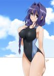  absurdres blue_eyes blush braid breasts cloud collarbone competition_swimsuit covered_navel day hair_intakes hair_over_shoulder highres impossible_clothes impossible_swimsuit kanon large_breasts long_hair looking_at_viewer mature minase_akiko mitarashi_kousei one-piece_swimsuit purple_hair signature single_braid smile solo swimsuit 