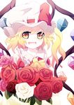 ascot bad_id bad_pixiv_id blonde_hair bouquet bow crystal dise flandre_scarlet flower hat hat_bow open_mouth puffy_sleeves rose side_ponytail slit_pupils solo touhou wings yellow_eyes 