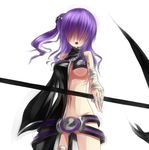  1girl bandage belt breasts hair_over_eyes long_hair navel open_mouth original partial_nudity purple_hair scythe simple_background solo standing sukumo_(kemutai) thigh_gap underboob weapon white_background 