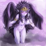  2012 areola armlet big_breasts black_hair blush bracelet breasts crown fabled fabled_grimro female girmro green_eyes hair jewelry kneeling long_hair navel necklace nipples not_furry nude open_mouth pointy_ears pussy red_sclera ring sakumo simple_background solo wings yu-gi-oh yugioh 