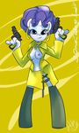  anthro anthrofied atryl breasts clothed clothing ear_piercing equine female friendship_is_magic gun horn looking_at_viewer mammal my_little_pony nipples piercing ranged_weapon rarity_(mlp) revolver solo standing unicorn weapon 