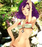  arm_up bikini breasts collarbone egawa_satsuki forest hair_ornament hand_on_hip hand_on_own_head jewelry lips lipstick looking_at_viewer makeup medium_breasts mirror nature navel necklace parted_lips pendant pink_lipstick purple_hair red_eyes short_hair solo swimsuit touhou white_bikini yasaka_kanako 