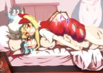 apron bed blonde_hair blood blue_hair blush body_mahattaya_ginga bow clenched_teeth crystal embarrassed flandre_scarlet girl_on_top glass hair_bow hat izayoi_sakuya lying lying_on_person multiple_girls on_stomach pillow red_eyes remilia_scarlet short_hair short_sleeves siblings side_ponytail sisters smile star star-shaped_pupils stuffed_animal stuffed_toy symbol-shaped_pupils teeth touhou wings wrist_cuffs 