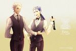  archer bad_id bad_pixiv_id blue_hair bottle bow bowtie community666 earrings fate/stay_night fate_(series) jewelry lancer long_hair male_focus multiple_boys necktie one_eye_closed ponytail red_eyes vest waistcoat waiter watermark web_address white_hair 