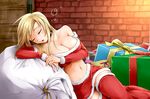  blonde_hair blush breasts closed_eyes copyright_request gift kappamaru large_breasts long_hair red_legwear santa_costume solo thighhighs 