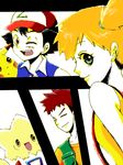  2boys black_hair brown_eyes brown_hair closed_eyes gen_1_pokemon gen_2_pokemon green_eyes hat jacket kasumi_(pokemon) mochi730 multiple_boys orange_hair pikachu pokemon pokemon_(anime) pokemon_(creature) satoshi_(pokemon) side_ponytail suspenders takeshi_(pokemon) tegaki togepi vest 