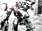  armored_core_3 backlighting cowboy_shot greyscale gun holding holding_gun holding_weapon kappamaru mecha monochrome no_humans science_fiction sketch smoke standing weapon 