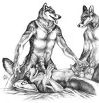  ball_licking balls bed black_and_white blotch canine canine_penis dog eyes_closed fox gay handjob husky imminent_penetration knot licking male monochrome penis pillow threesome tongue wolf 