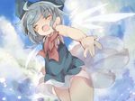  bad_id bad_pixiv_id blue_hair blush bow cirno closed_eyes cloud day detached_wings hair_bow ice ice_wings masirosu open_mouth outstretched_hand short_hair sky sleeveless solo touhou wings 