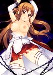  asuna_(sao) blush braid breasts brown_hair chain collarbone digital_dissolve dissolving_clothes half_updo highres large_breasts long_hair minase_shuu nipples no_panties open_mouth pussy skirt solo sweat sword_art_online tears thighhighs topless 