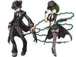  1girl akiraka_ryomi balisong belt black_legwear blazblue dual_persona fedora fingerless_gloves genderswap genderswap_(mtf) gloves green_hair hat hazama jacket knife lost_saga midriff miniskirt multiple_belts necktie short_hair skirt thighhighs weapon yellow_eyes 