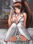  akali bad_id bad_pixiv_id blush breasts brown_hair catbii green_eyes hat highres kennen league_of_legends long_hair looking_at_viewer medium_breasts nurse nurse_akali nurse_cap open_mouth panties pantyshot pantyshot_(sitting) shen sitting solo striped striped_panties sweat syringe thighhighs underwear white_legwear 