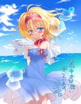  adapted_costume alice_margatroid arms_behind_back beach bird blonde_hair blue_eyes bow capelet cloud day hairband outdoors saidou shochuumimai short_hair sky solo touhou translated wind 