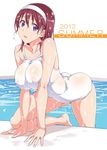  2012 blush breasts hairband kurara-chan_(suzutsuki_kurara) large_breasts long_hair looking_at_viewer open_mouth original pool poolside purple_eyes red_hair solo suzutsuki_kurara swimsuit wet white_swimsuit 