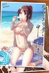  beach bikini brown_hair cupping_hand dripping food frilled_bikini frills highres innertube korisei long_hair original photo_(object) polka_dot polka_dot_bikini polka_dot_swimsuit ponytail popsicle red_eyes sandals sexually_suggestive shochuumimai solo swimsuit 