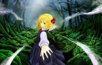  bad_id bad_pixiv_id blonde_hair cervus forest hair_ribbon long_sleeves nature outstretched_arms red_eyes ribbon rumia short_hair smile solo touhou 