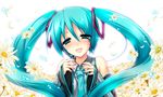  :d aqua_eyes aqua_hair daisy detached_sleeves flower half-closed_eyes hatsune_miku headset long_hair looking_at_viewer misakura_nankotsu necktie open_mouth petals sleeves_past_wrists smile solo twintails upper_body vocaloid 