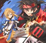  bad_id bad_pixiv_id black_hair blonde_hair blue_eyes circlet fingerless_gloves gloves guilty_gear guilty_gear_2 headband kito_shinohara ky_kiske male_focus multiple_boys popped_collar red_eyes sol_badguy sword weapon 