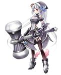  armor black_legwear blush breasts copyright_request gauntlets hammer hat highres huge_weapon long_hair medium_breasts red_eyes smile solo thighhighs weapon white_hair zeco 