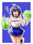  blue_background blue_hair blush cheerleader closed_eyes clothes_writing copyright_request kappamaru open_mouth pom_poms short_hair simple_background skirt smile solo 