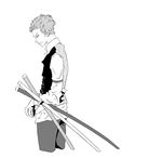  1boy earrings formal jewelry looking_at_viewer male male_focus monochrome one_piece profile roronoa_zoro sheathed_sword simple_background sleeve_garter solo waistcoat white_background 