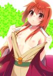  :o bare_shoulders blush breasts brown_eyes buratei_marii collarbone flashing holding japanese_clothes joshiraku kimono long_hair looking_at_viewer nipples open_clothes red_hair small_breasts solo undressing yukian 