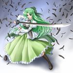  black_feathers fia_(riviera) green_eyes green_hair half_updo image_sample katana long_hair md5_mismatch open_mouth pixiv_sample raochuu ribbon riviera solo sword very_long_hair weapon 