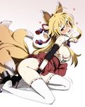  animal_ears blonde_hair blush breasts commentary_request eyebrows fang fox_ears fox_tail heart heavy_breathing izuna_(shinrabanshou) kneeling long_hair looking_at_viewer masturbation medium_breasts multiple_tails ningen_(ningen96) no_panties obi open_mouth pussy_juice red_eyes sash scroll shinrabanshou sideboob slit_pupils smile solo sweat tail thighhighs white_legwear 