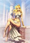  ankle_cuffs anklet bare_legs barefoot blonde_hair blue_eyes bracelet breasts column crossed_legs cuffs dress feet genzoman greece greek_mythology helen_of_troy jewelry long_hair long_legs medium_breasts navel no_panties pillar real_life sideboob sitting stomach tied_hair toes toga toned 