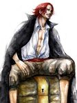  1boy amputee jacket_on_shoulders male male_focus muscle one_piece open_clothes open_shirt red_hair sash scar shanks shirt simple_background sitting solo traditional_media treasure_chest watercolor_(medium) white_shirt 