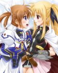  armor belt blonde_hair blush brown_hair buckle cape fate_testarossa fingerless_gloves gauntlets gloves long_hair lyrical_nanoha magical_girl mahou_shoujo_lyrical_nanoha mahou_shoujo_lyrical_nanoha_a's mahou_shoujo_lyrical_nanoha_the_movie_2nd_a's multiple_girls open_mouth puffy_sleeves purple_eyes red_eyes shinozuki_takumi short_twintails skirt smile takamachi_nanoha twintails 