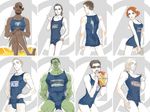  6+boys avengers bad_id bad_pixiv_id beard black_hair breasts brown_hair bruce_banner bulge cleavage clint_barton crossdressing crossed_legs dark_skin eyepatch facial_hair green_skin gun handgun headwear_removed helmet helmet_removed hulk iron_man large_breasts loki_(marvel) mask multiple_boys mustache natasha_romanoff nick_fury one-piece_swimsuit one_eye_closed parody pistol reammara red_hair short_hair sitting steve_rogers sunglasses swimsuit thor_(marvel) tony_stark weapon 