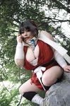  1girl asian black_hair blue_eyes breasts brown_hair cleavage cosplay fat highres huge_breasts luu_(cosplayer) manyuu_chifusa manyuu_chifusa_(cosplay) manyuu_hikenchou obese photo solo two-toned_hair 