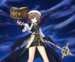  amicis black_wings blue_eyes book brown_hair fingerless_gloves gloves hair_ornament hat lyrical_nanoha mahou_shoujo_lyrical_nanoha mahou_shoujo_lyrical_nanoha_a's multiple_wings schwertkreuz short_hair skirt smile solo staff tome_of_the_night_sky wings x_hair_ornament yagami_hayate 