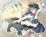  :q arm_up bad_id bad_pixiv_id blue_hair earrings food fruit hat hinanawi_tenshi holding jewelry long_hair ogino_(oginogino) outstretched_arm peach red_eyes solo sword_of_hisou tongue tongue_out touhou 