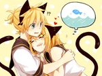  1boy 1girl animal_ears bad_id bad_pixiv_id blonde_hair brother_and_sister cat cat_ears couple fish hetero kagamine_len kagamine_rin kuronyanko short_hair siblings twins vocaloid wavy_mouth 