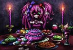  1girl cake eyeball fingers food fork fruit gelatin green_eyes hair_ornament heterochromia highres knife original pastry purple_eyes purple_hair ray-k ribbon solo stitches strawberry tongue twintails zombie 