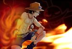  1boy belt crouch fighting_stance fire hat jewelry male male_focus necklace one_piece portgas_d_ace shorts smiley solo squatting stampede_string topless 