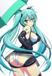  aqua_hair ass blush elbow_gloves gloves goodsmile_company goodsmile_racing green_eyes hand_on_hip hatsune_miku long_hair looking_back race_queen racing_miku racing_miku_(2012) shimamoto_utsumi simple_background solo thighhighs twintails umbrella very_long_hair vocaloid white_background 