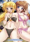  bandeau bare_shoulders beach bikini blonde_hair blue_eyes blush breasts brown_hair cameltoe fate_testarossa frilled_bikini frills front-tie_top holding_hands itachou large_breasts long_hair looking_at_viewer lyrical_nanoha mahou_shoujo_lyrical_nanoha mahou_shoujo_lyrical_nanoha_strikers multiple_girls navel o-ring o-ring_bottom o-ring_top ocean older purple_eyes red_eyes sand shiny shiny_skin side-tie_bikini sideboob sitting skindentation smile strap_gap swimsuit takamachi_nanoha waving 